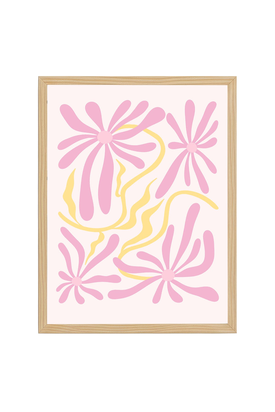 Doğal Ahşap Çerçeveli Retro Floral Tablo - Pembe ve Sarı Çiçek Desenli | huhu2799