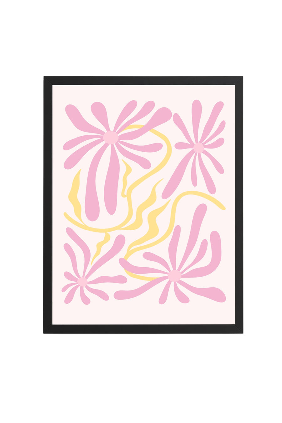Doğal Ahşap Çerçeveli Retro Floral Tablo - Pembe ve Sarı Çiçek Desenli | huhu2799