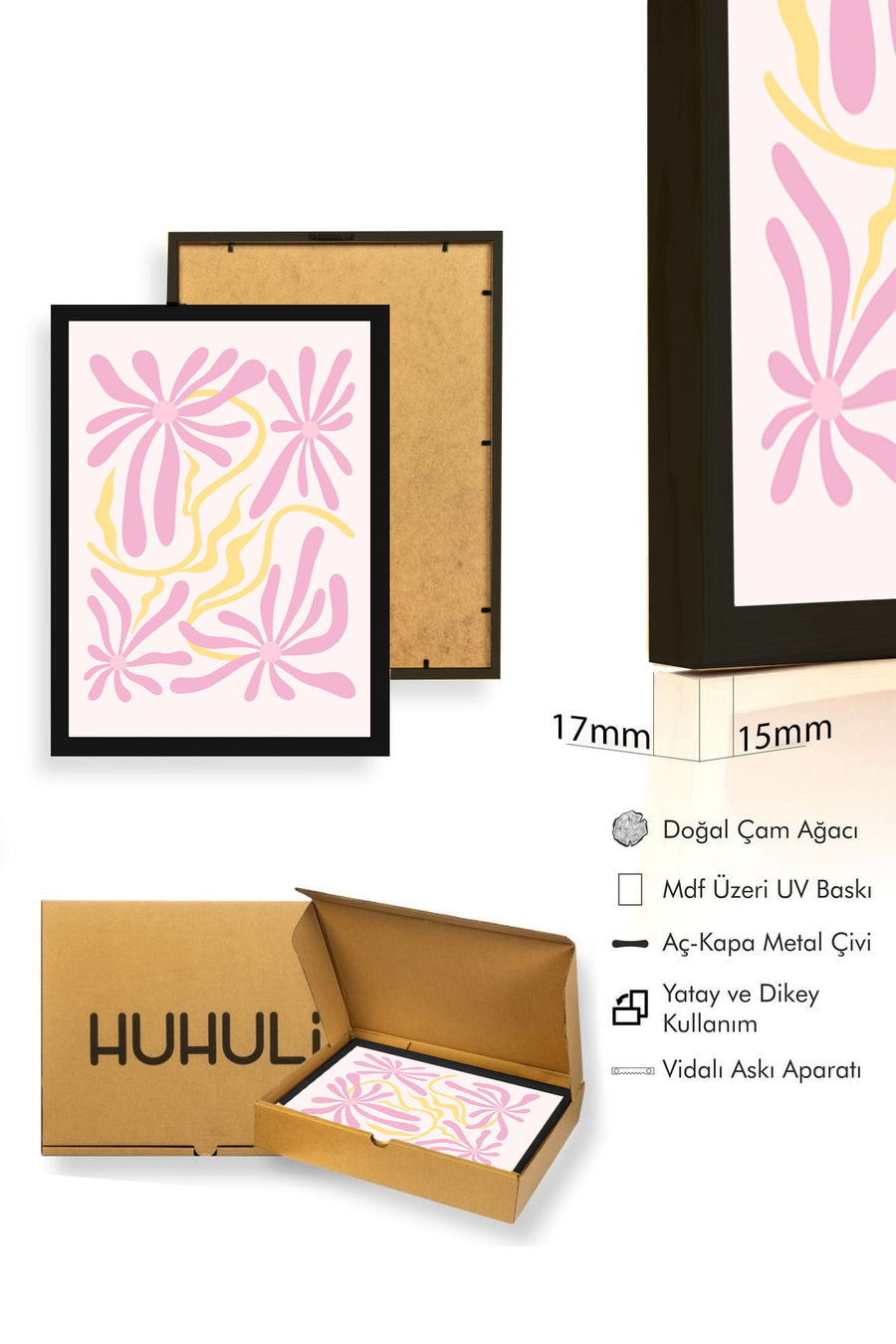 Doğal Ahşap Çerçeveli Retro Floral Tablo - Pembe ve Sarı Çiçek Desenli | huhu2799