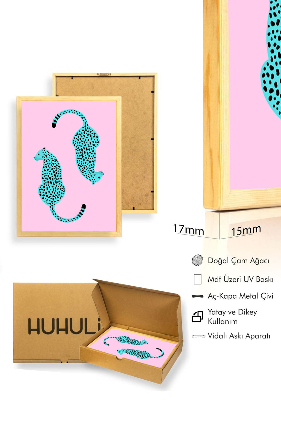 Doğal Ahşap Çerçeveli Retro Leopar Tablo - Canlı Hayvan Baskılı | huhu2802