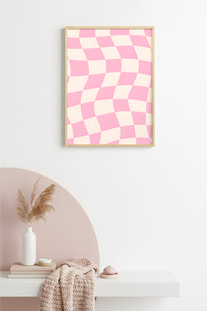Doğal Ahşap Çerçeveli Pastel Damalı Retro Tablo - Pembe Tonlar | huhu2806