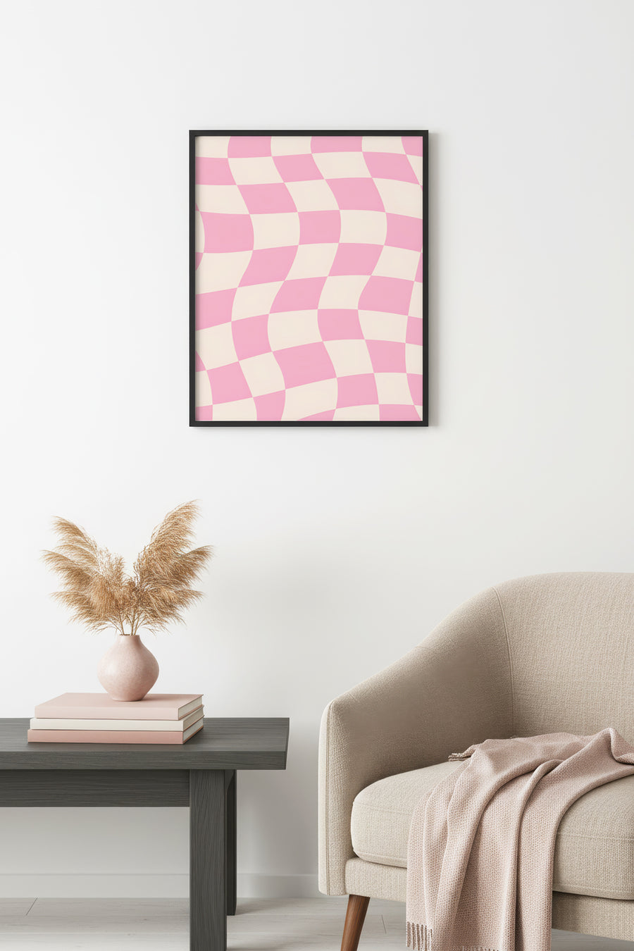 Doğal Ahşap Çerçeveli Pastel Damalı Retro Tablo - Pembe Tonlar | huhu2806