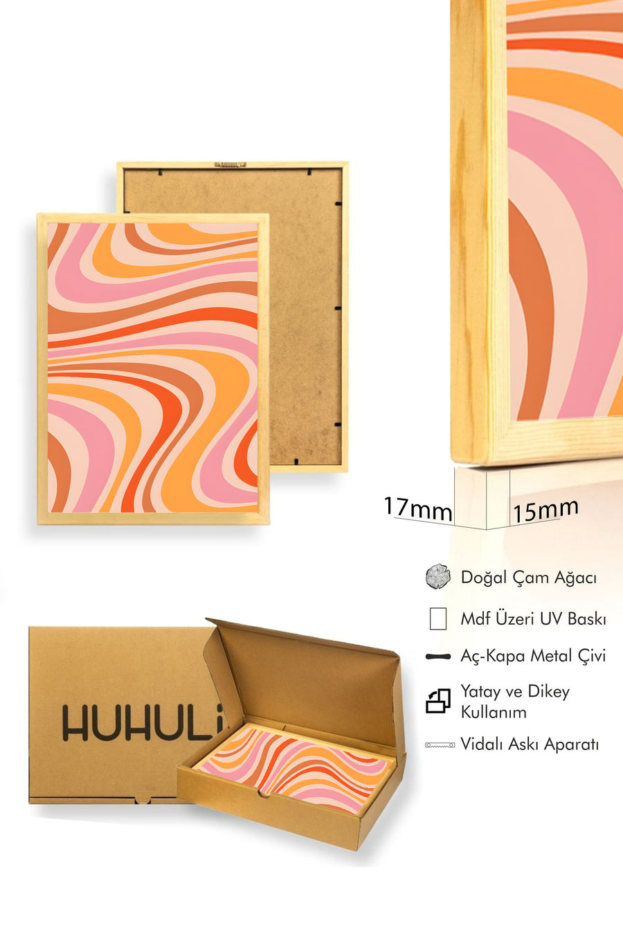 Doğal Ahşap Çerçeveli Retro Soyut Tablo - Turuncu Pembe Dalgalı Desen | huhu2807