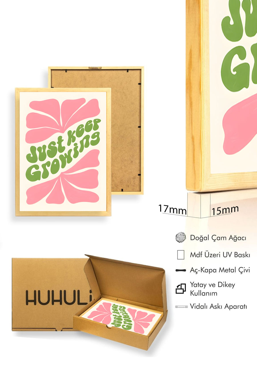 Doğal Ahşap Çerçeveli Retro Tablo - Yeşil Pembe Büyüme Mesajlı Poster | huhu2810