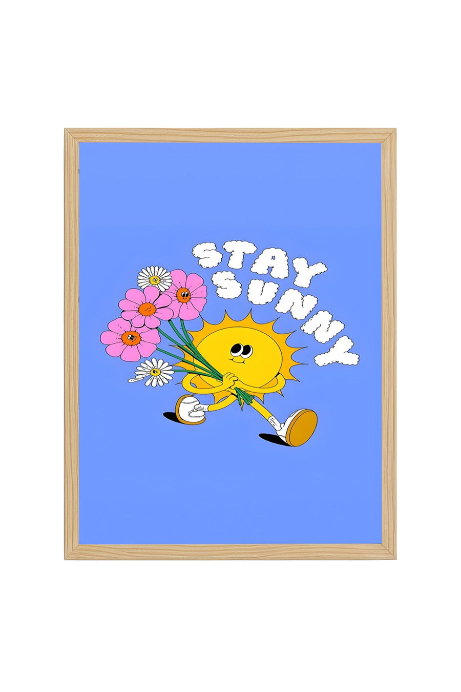 Doğal Ahşap Çerçeveli Retro Güneş ve Çiçekli Tablo - Stay Sunny | huhu2815