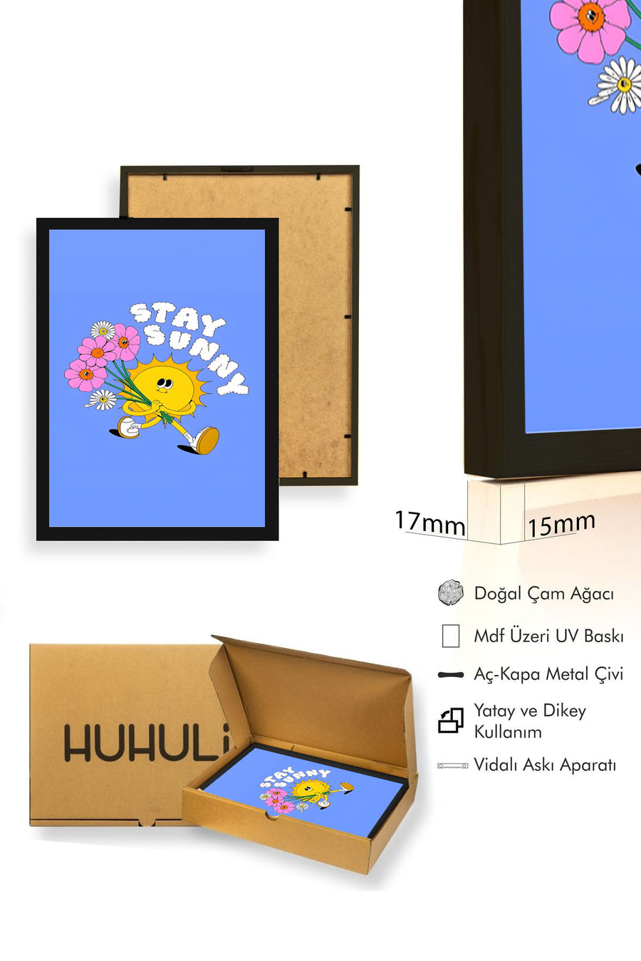 Doğal Ahşap Çerçeveli Retro Güneş ve Çiçekli Tablo - Stay Sunny | huhu2815