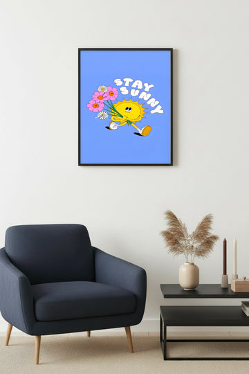 Doğal Ahşap Çerçeveli Retro Güneş ve Çiçekli Tablo - Stay Sunny | huhu2815