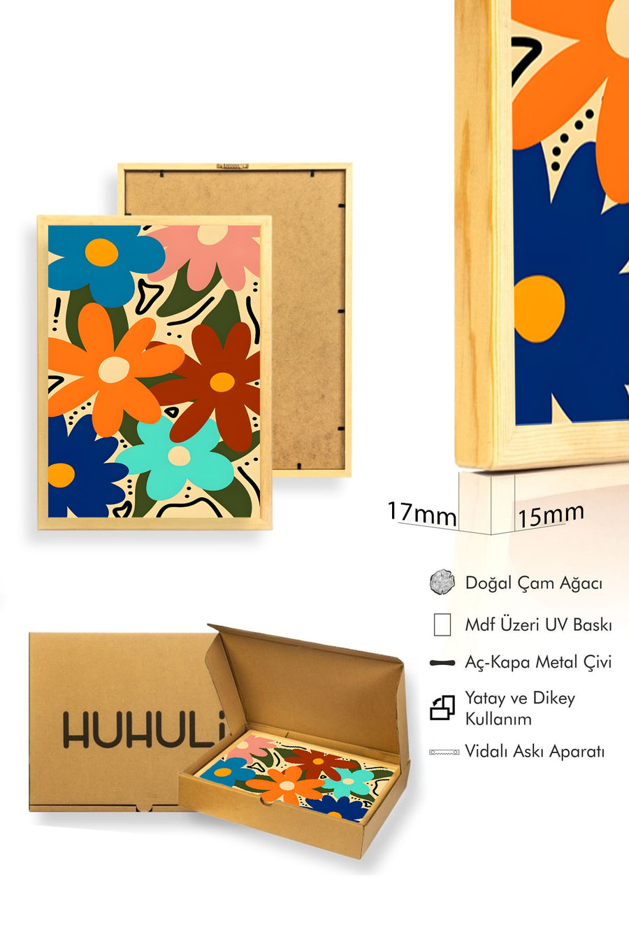 Doğal Ahşap Çerçeveli Pop Art Çiçekli Tablo - Retro Desen | huhu2816