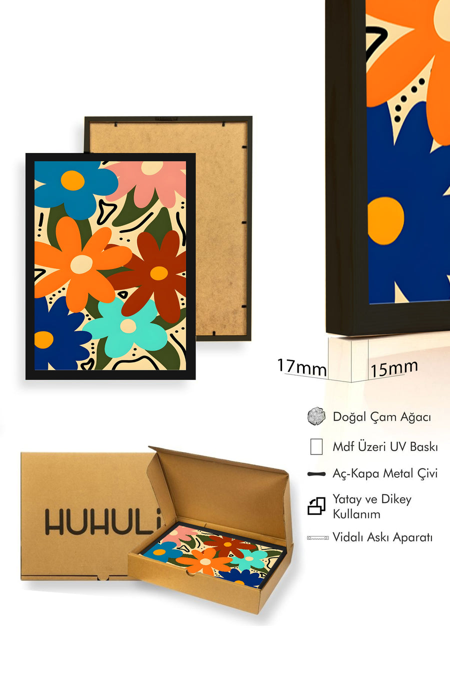 Doğal Ahşap Çerçeveli Pop Art Çiçekli Tablo - Retro Desen | huhu2816