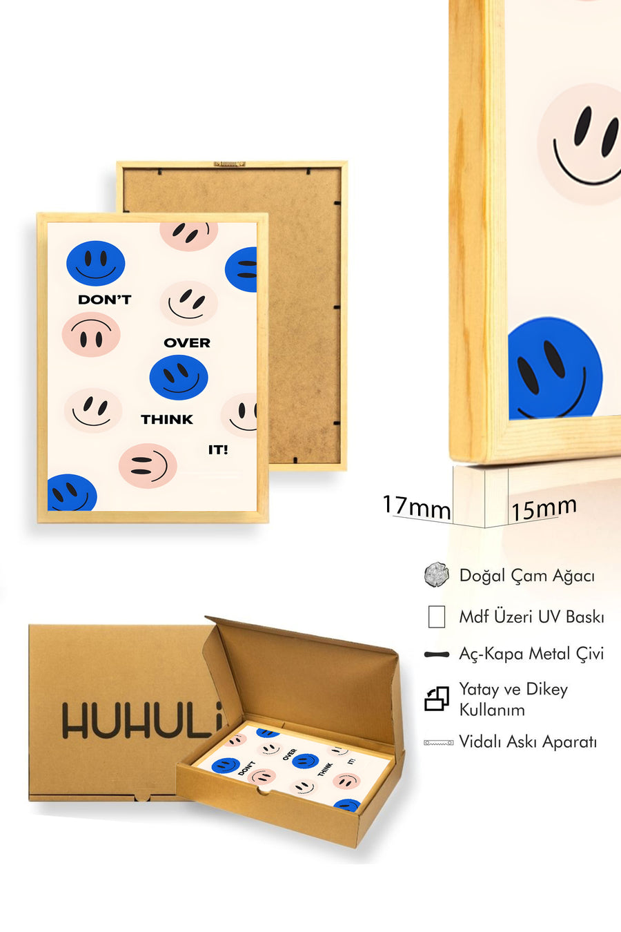 Doğal Ahşap Çerçeveli Retro Tablo - Smiley Yüzlü Pozitif Mesaj Dekorasyon | huhu2818