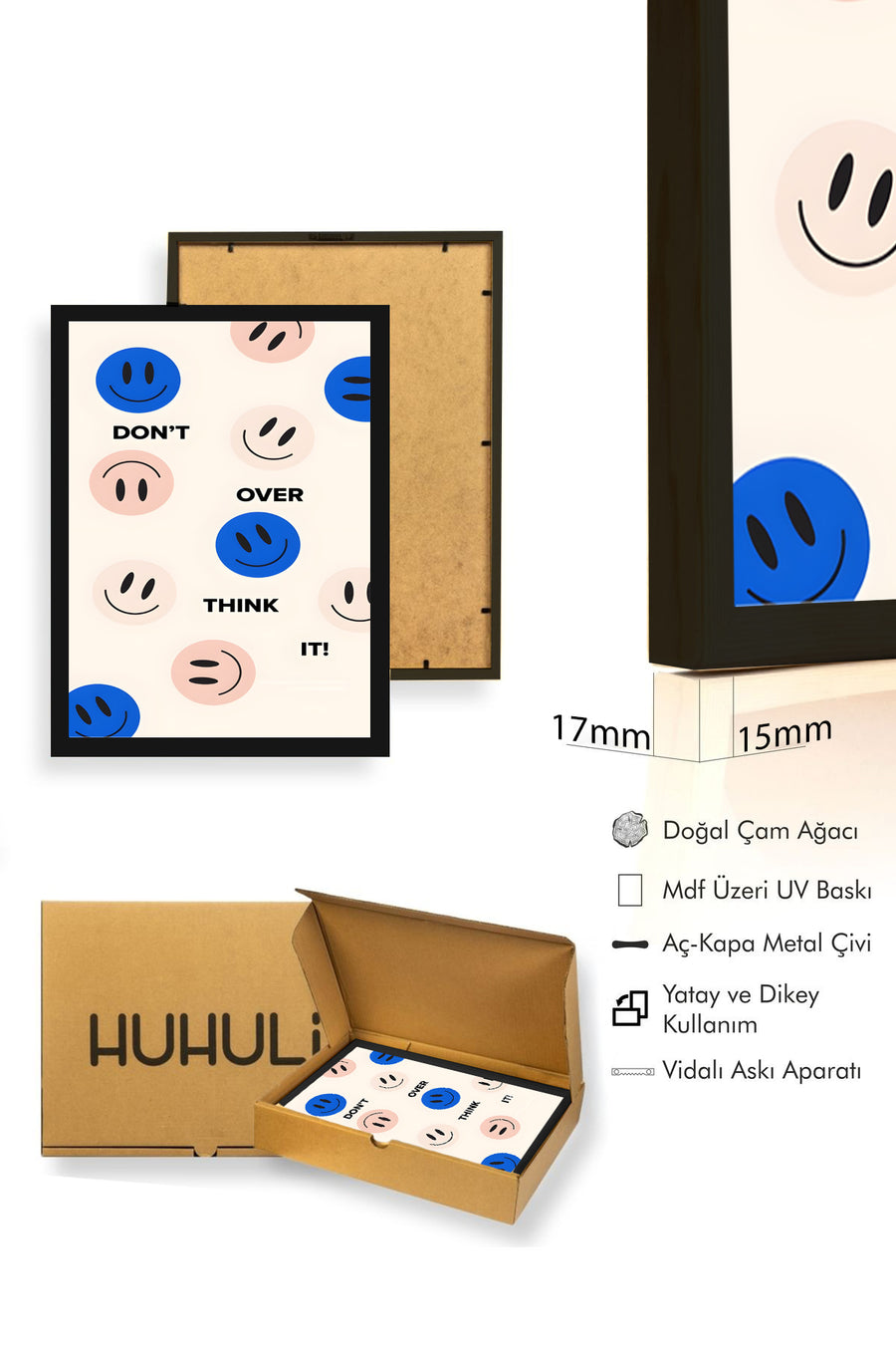 Doğal Ahşap Çerçeveli Retro Tablo - Smiley Yüzlü Pozitif Mesaj Dekorasyon | huhu2818