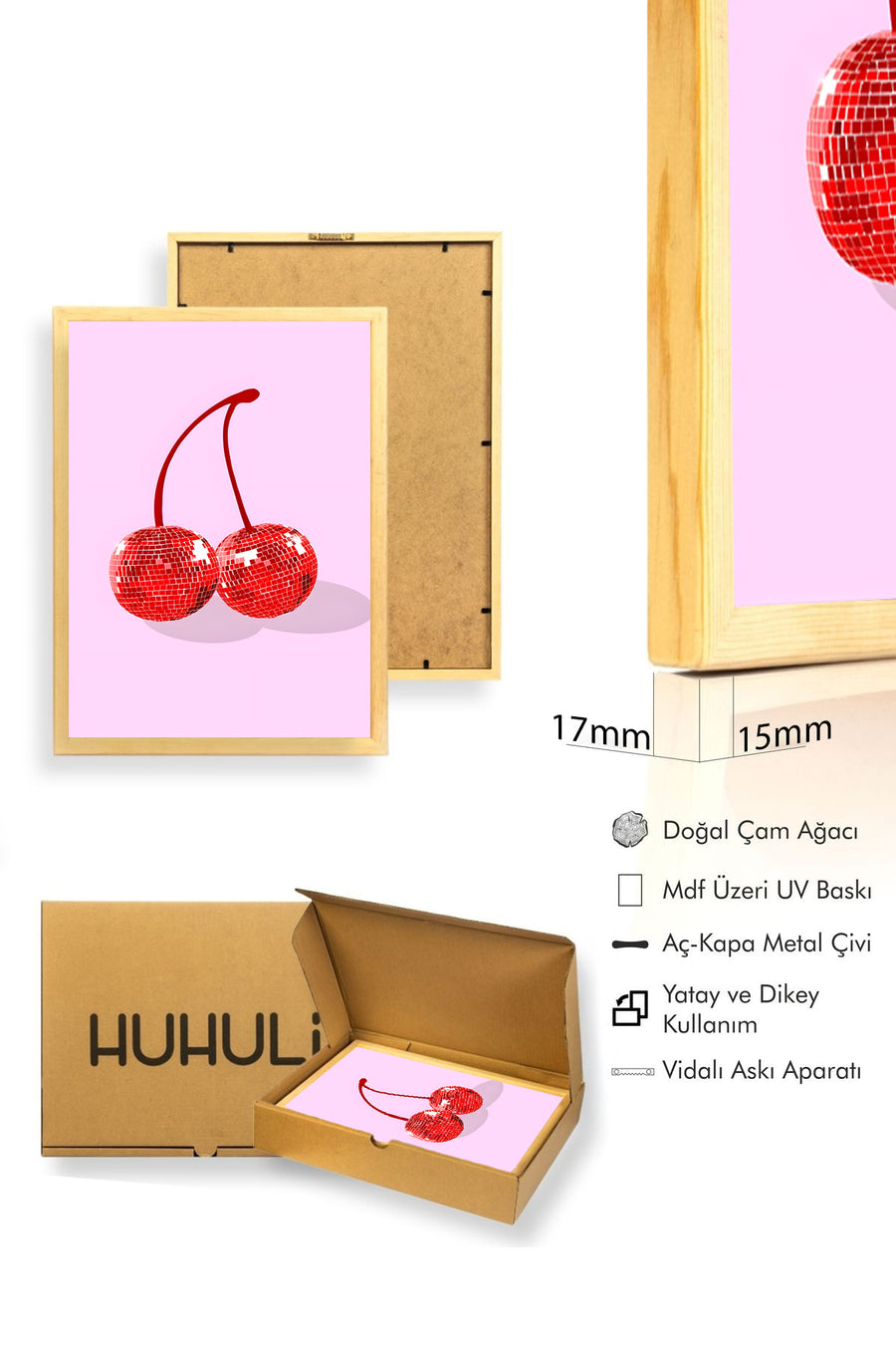 Doğal Ahşap Çerçeveli Retro Disco Tablo - Parlak Kırmızı Desen | huhu2820