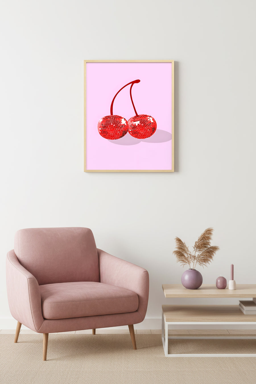 Doğal Ahşap Çerçeveli Retro Disco Tablo - Parlak Kırmızı Desen | huhu2820