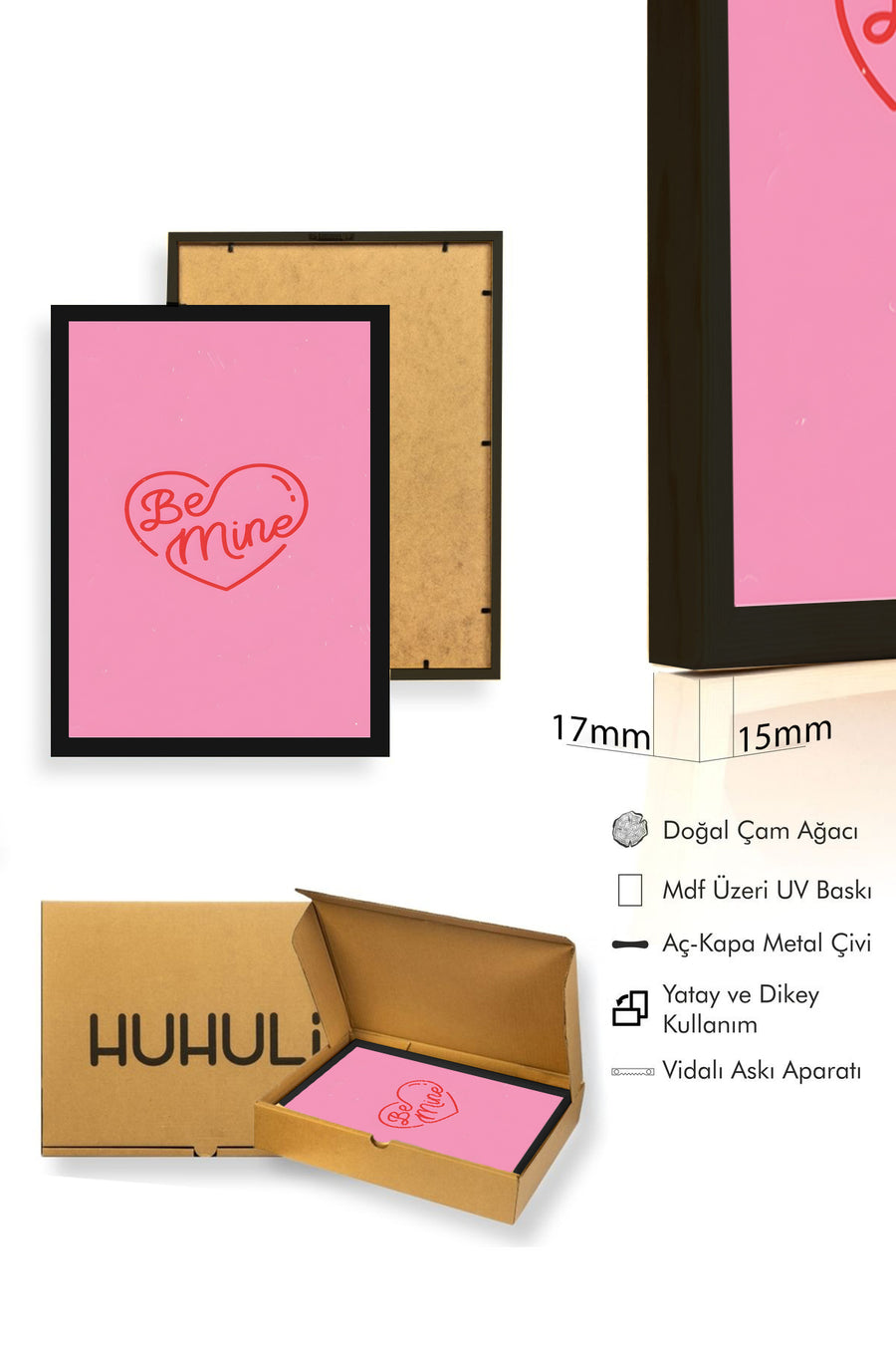 Doğal Ahşap Çerçeveli Retro Kalp Desenli Tablo - Be Mine Aşk Temalı | huhu2823