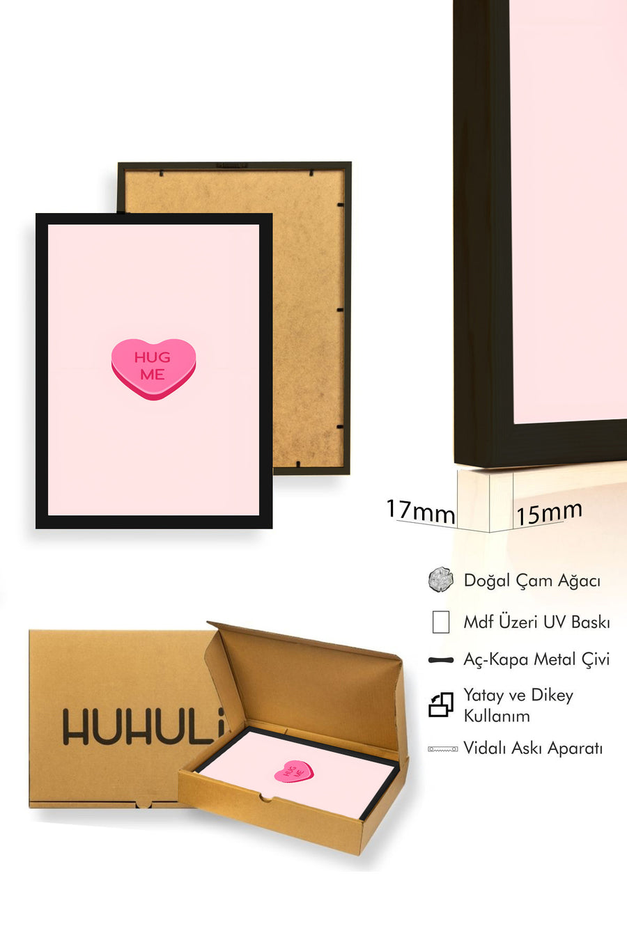 Doğal Ahşap Çerçeveli Retro Kalpli Tablo - Pembe Kucaklama Temalı | huhu2824