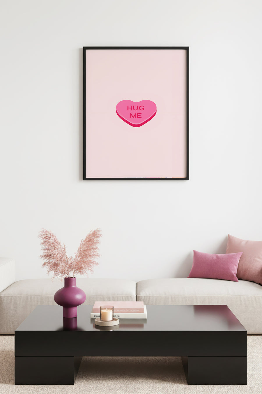 Doğal Ahşap Çerçeveli Retro Kalpli Tablo - Pembe Kucaklama Temalı | huhu2824
