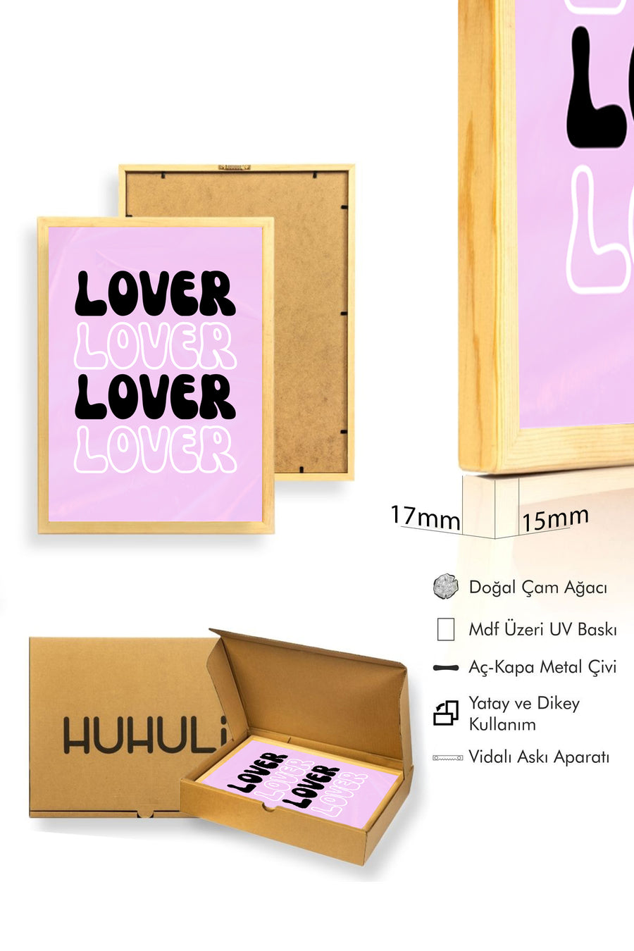 Doğal Ahşap Çerçeveli Retro Tipografi Tablo - Lover Yazılı Siyah Beyaz | huhu2825