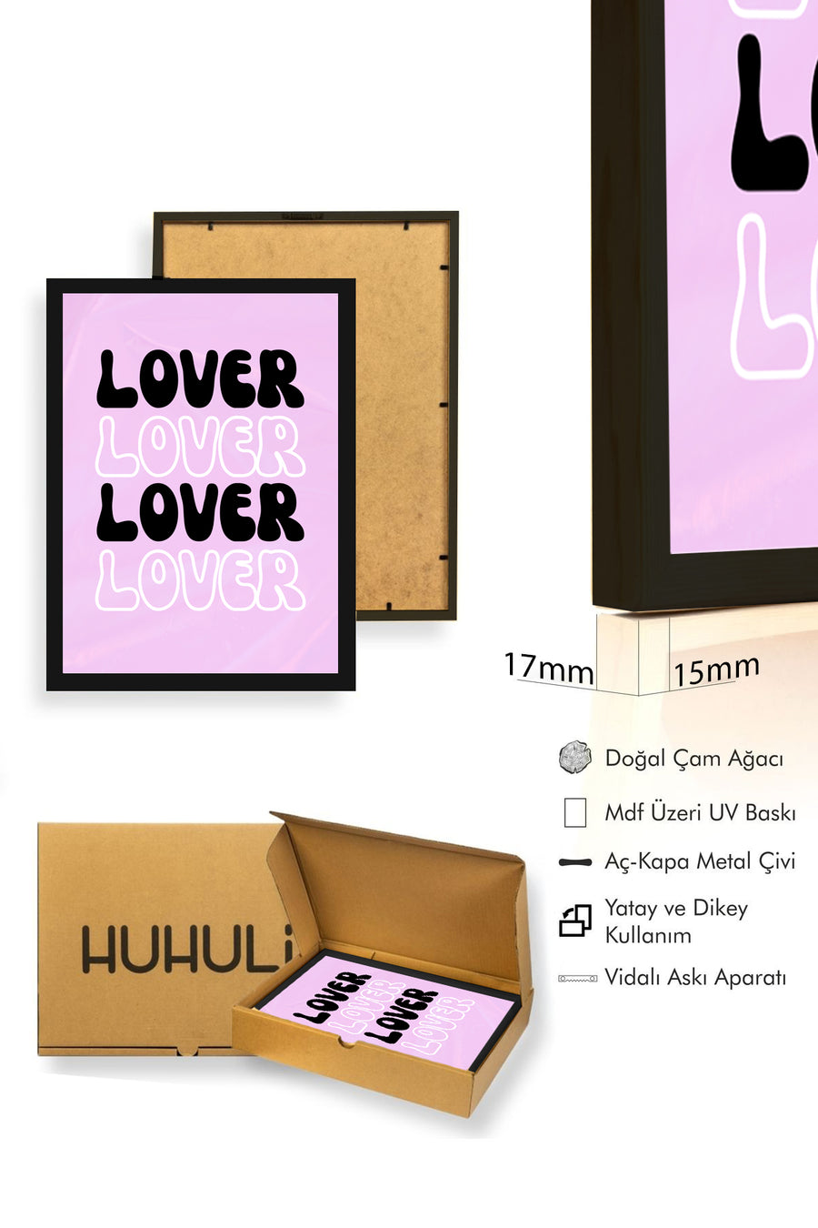 Doğal Ahşap Çerçeveli Retro Tipografi Tablo - Lover Yazılı Siyah Beyaz | huhu2825