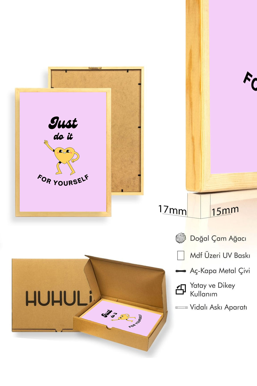 Doğal Ahşap Çerçeveli Retro Tablo - Kalpli Motivasyon Pop Art | huhu2826