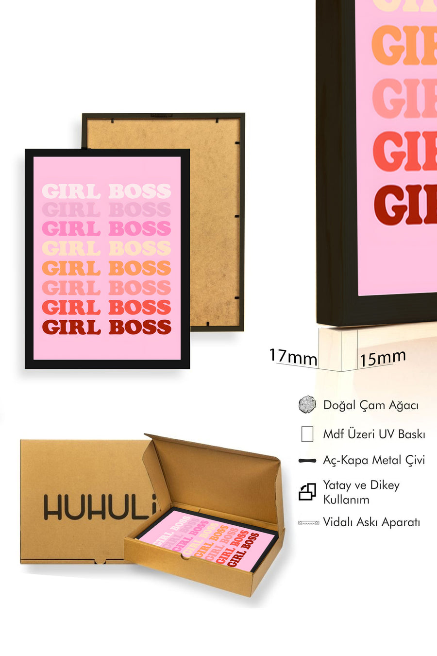 Doğal Ahşap Çerçeveli Retro Pop Art Tablo - Girl Boss Sloganı Yazı | huhu2830