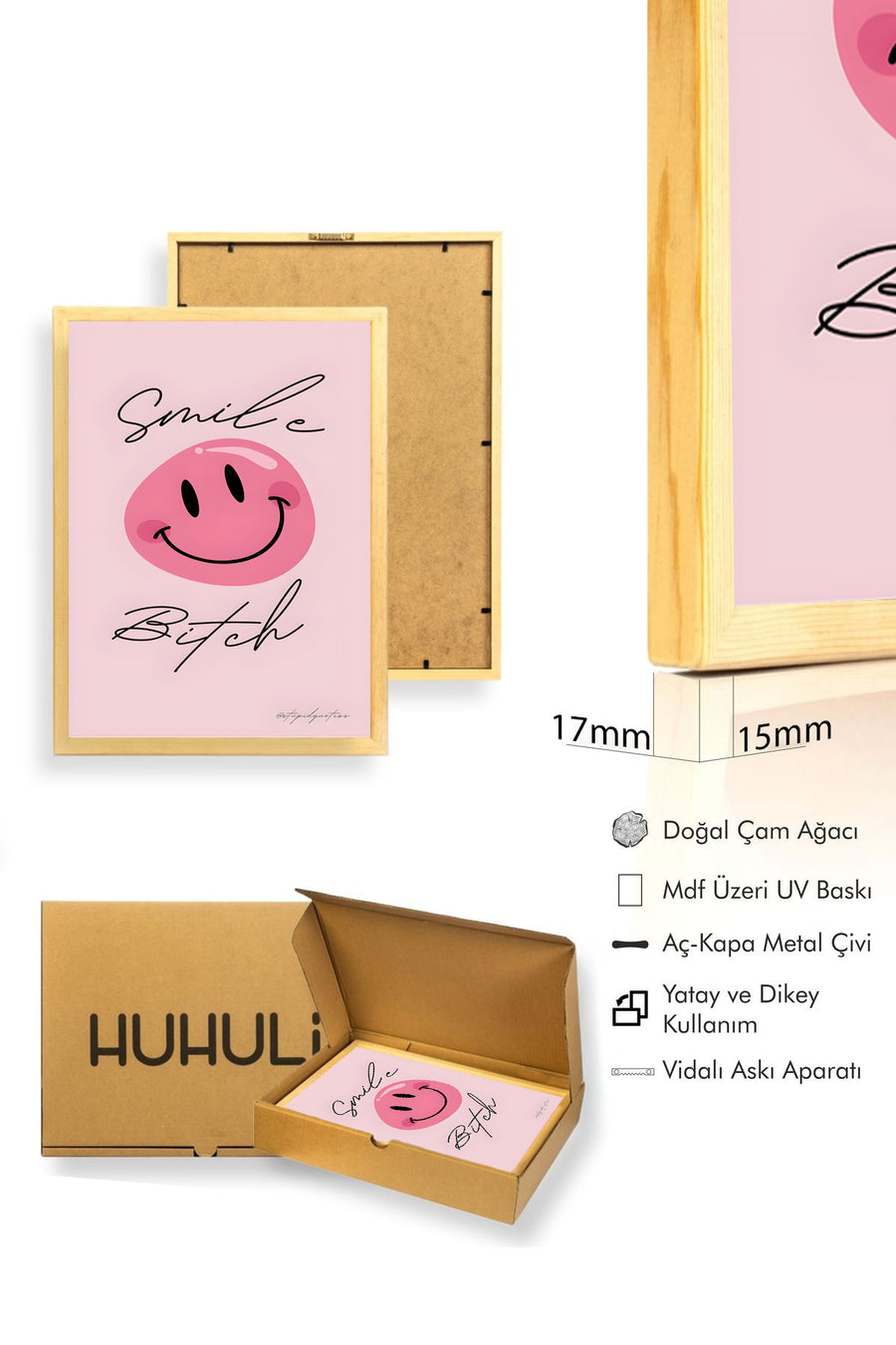 Doğal Ahşap Çerçeveli Retro Tablo - Minimalist Slogan Doodle | huhu2832