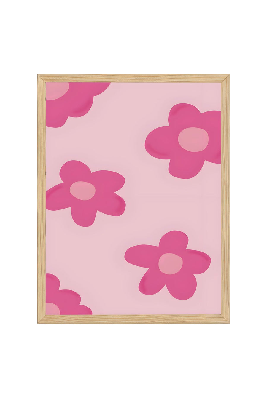 Doğal Ahşap Çerçeveli Retro Çiçek Tablo - Pastel Pembe Desen | huhu2834