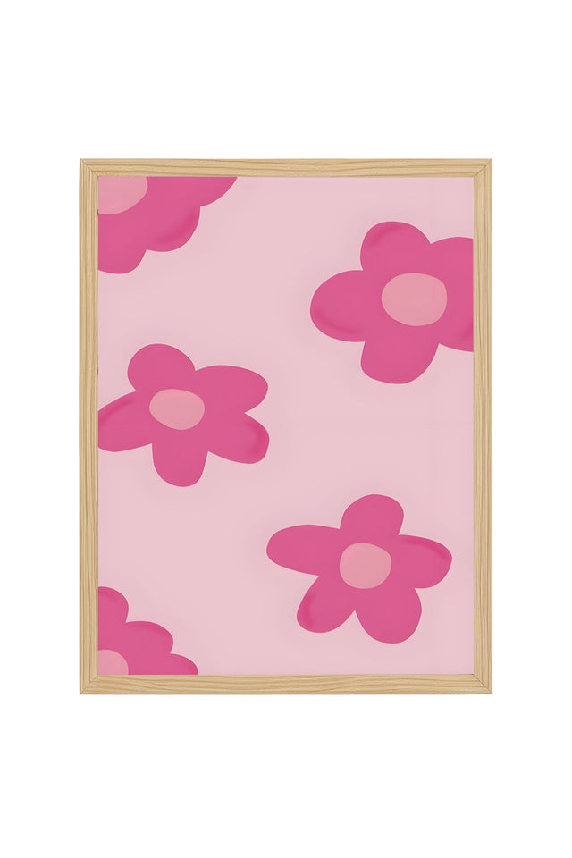 Doğal Ahşap Çerçeveli Retro Çiçek Tablo - Pastel Pembe Desen | huhu2834