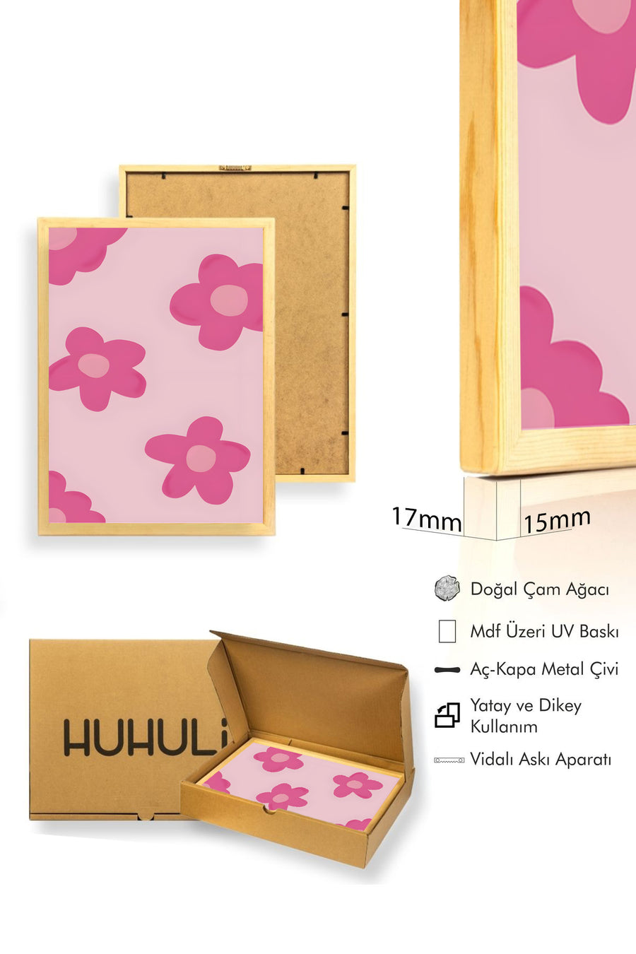 Doğal Ahşap Çerçeveli Retro Çiçek Tablo - Pastel Pembe Desen | huhu2834
