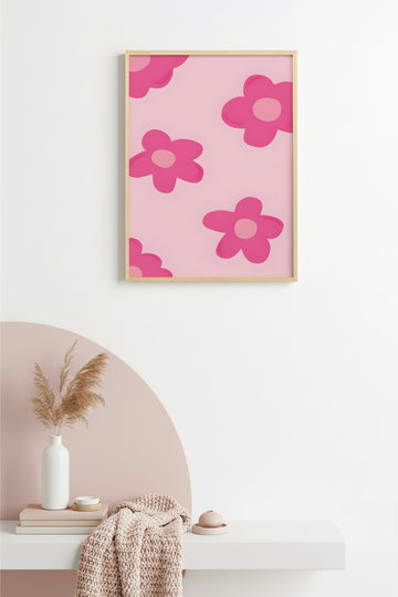 Doğal Ahşap Çerçeveli Retro Çiçek Tablo - Pastel Pembe Desen | huhu2834