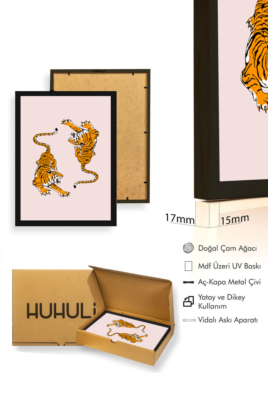 Doğal Ahşap Çerçeveli Retro Kaplan Tablo - Canlı Hayvanlar Çizimi | huhu2839