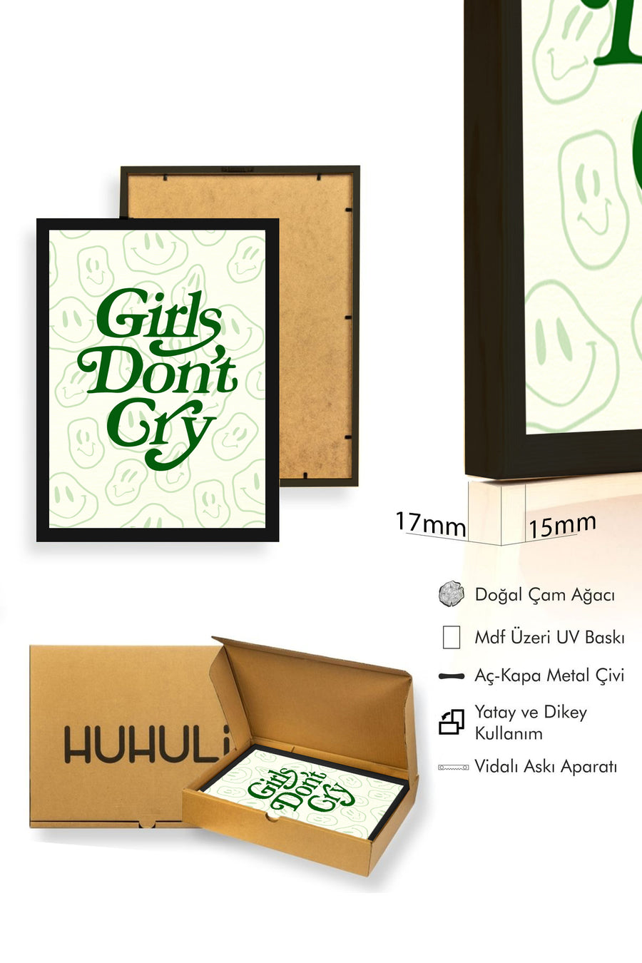 Doğal Ahşap Çerçeveli Retro Tipografi Tablo - Girls Don't Cry Yazılı Yeşil Dekoratif Kanvas | huhu2840