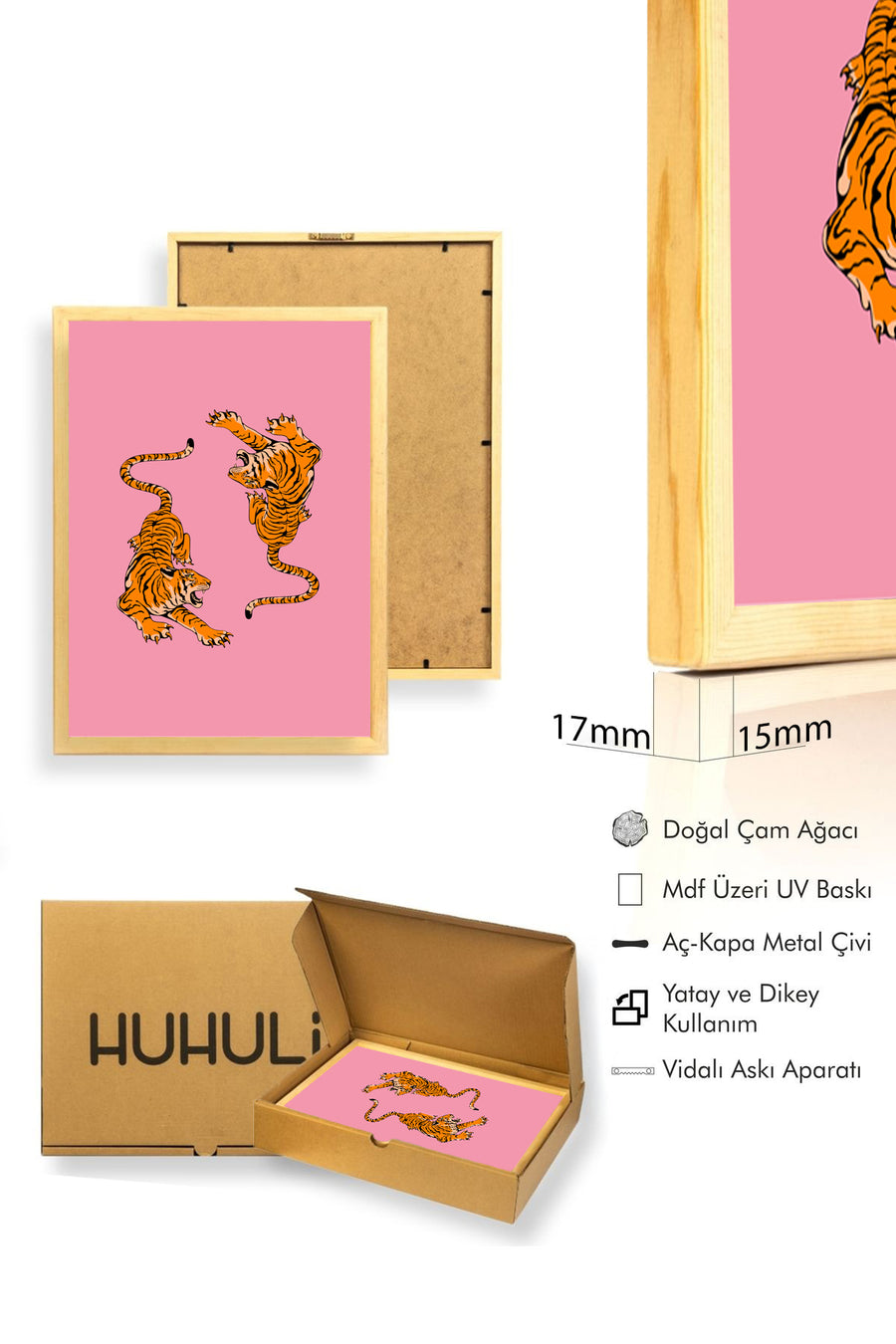 Doğal Ahşap Çerçeveli Retro Kaplan Tablo - Canlı Orman Hayvanları | huhu2845