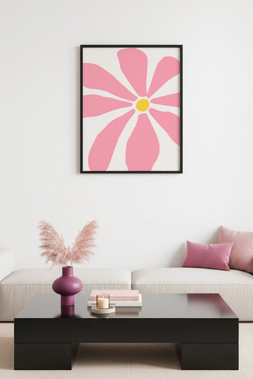 Doğal Ahşap Çerçeveli Retro Floral Tablo - Pembe Çiçek Desenli | huhu2849