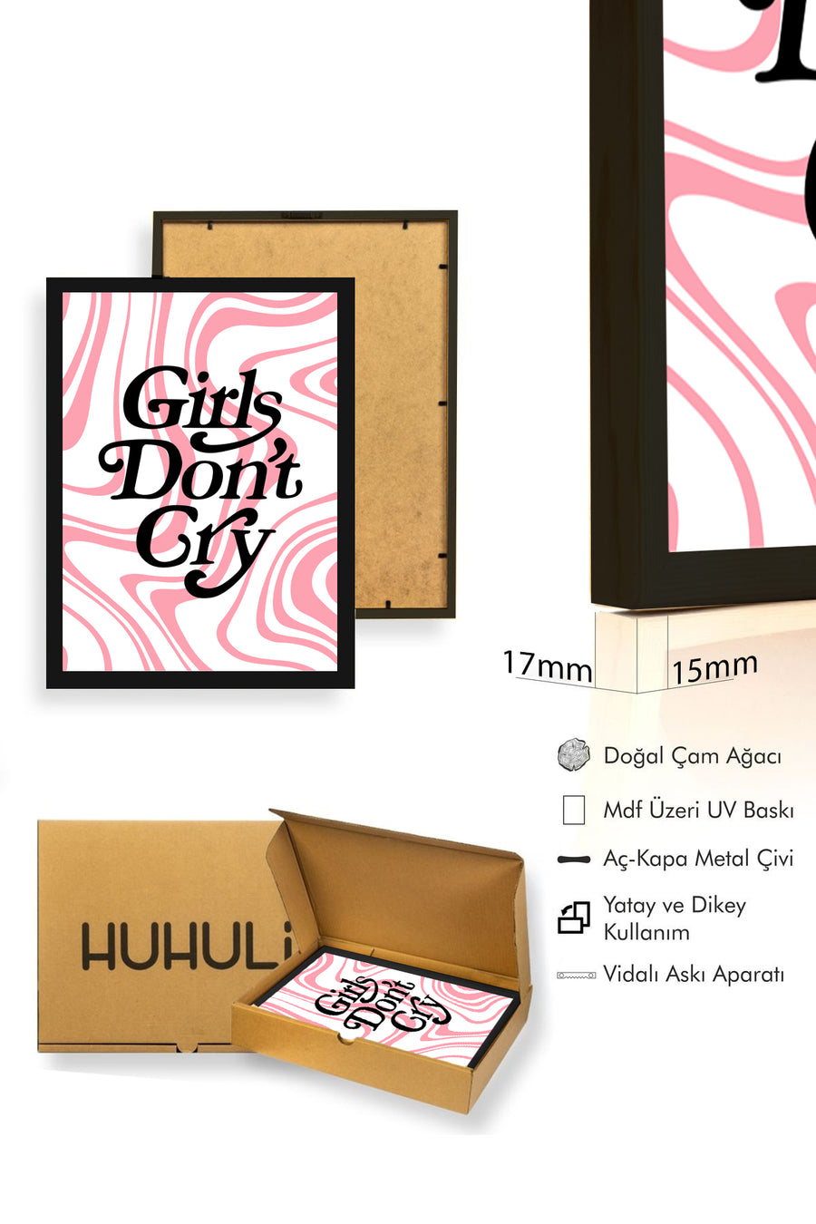 Doğal Ahşap Çerçeveli Retro Tablo - Girls Don't Cry Yazılı Pop Art | huhu2850