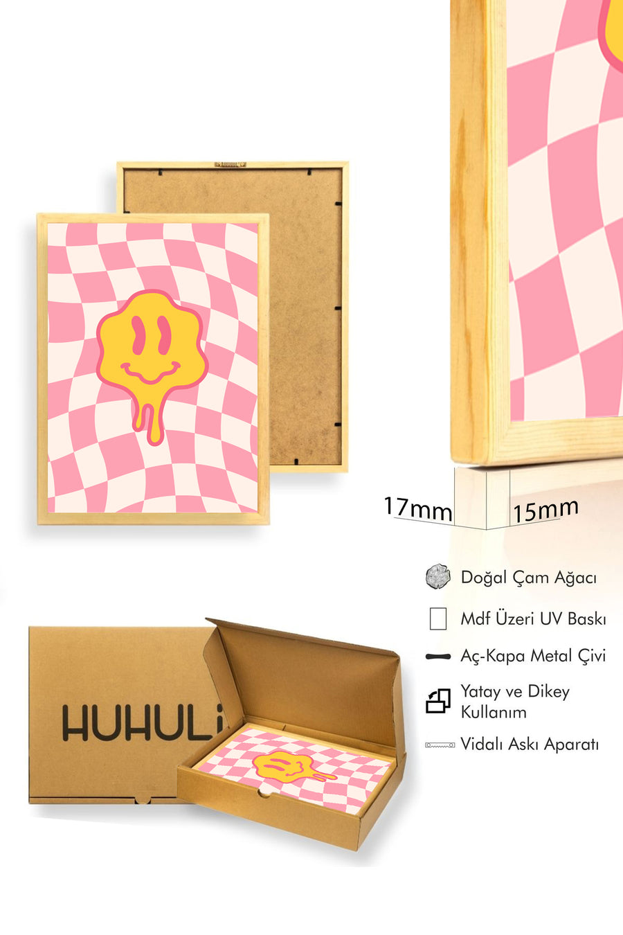 Doğal Ahşap Çerçeveli Retro Tablo - Pop Art Smiley Yüz Deseni | huhu2851