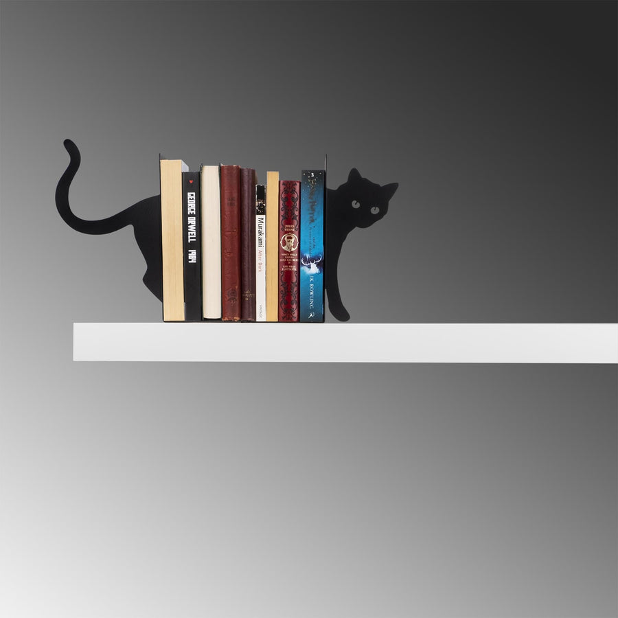 Kedi Motifli Metal Kitap Tutucu - Siyah