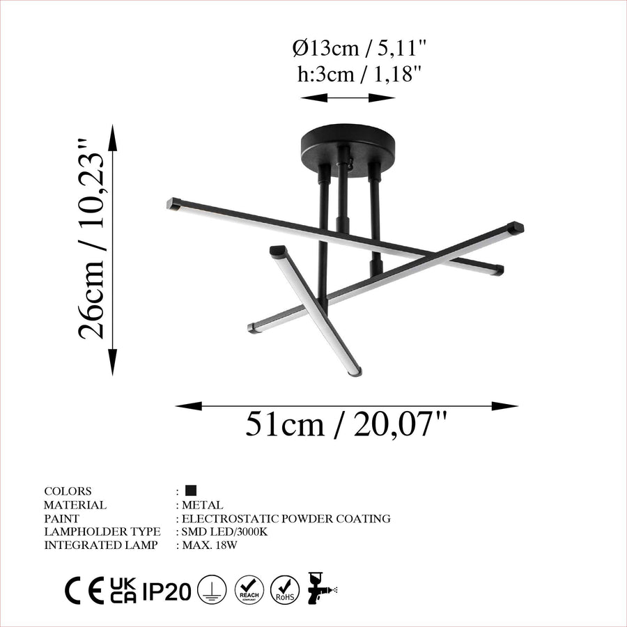 Çapraz Çubuk Modern Metal Plafonyer - Siyah