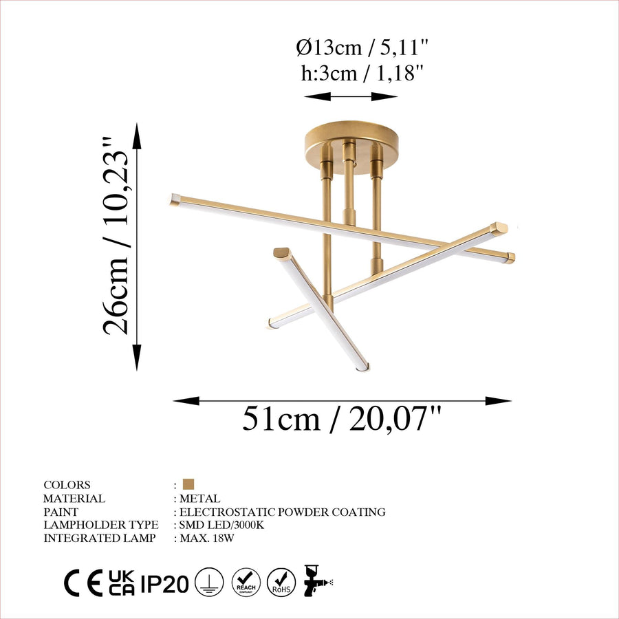 Çapraz Çubuk Modern Metal Plafonyer - Altın