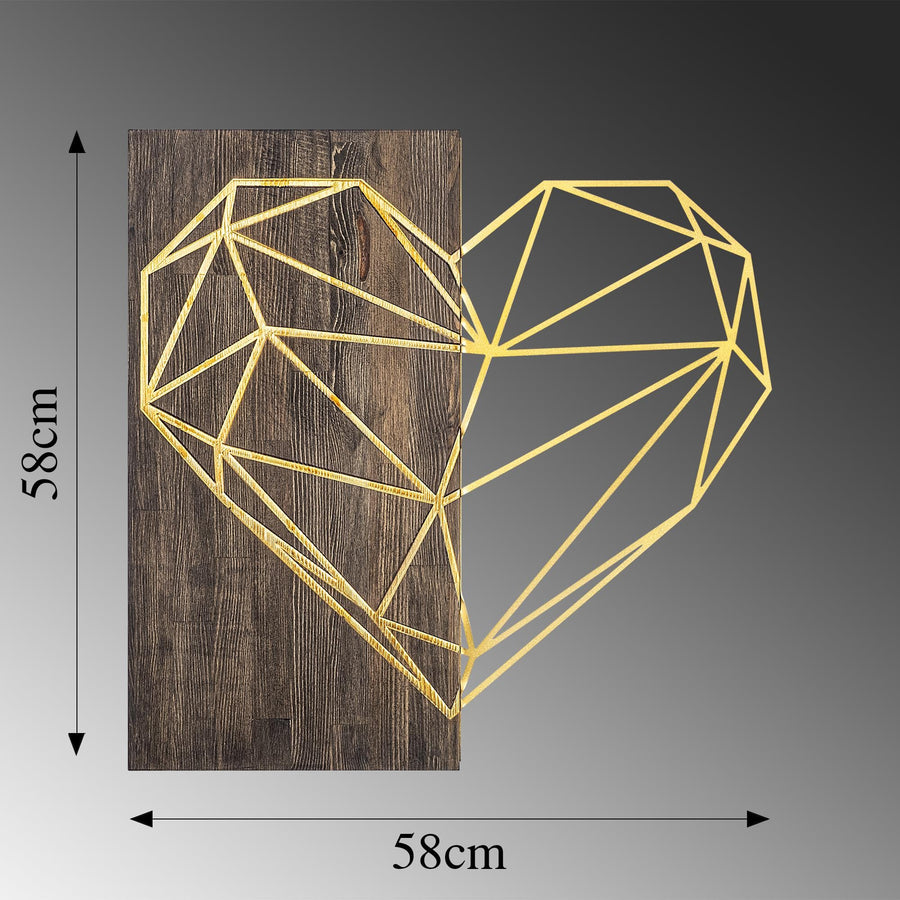 Geometrik Kalp Ahşap Metal Duvar Panosu - Altın