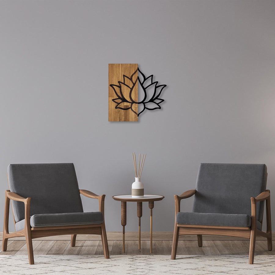 Lotus Çiçeği Modern Metal Ahşap Duvar Panosu - Ahşap Siyah
