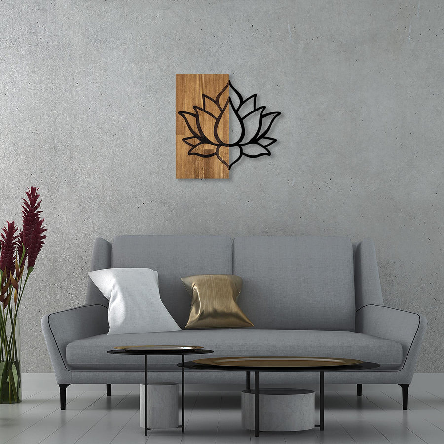 Lotus Çiçeği Modern Metal Ahşap Duvar Panosu - Ahşap Siyah