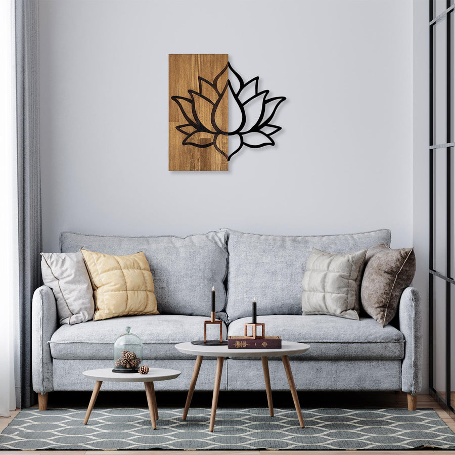 Lotus Çiçeği Modern Metal Ahşap Duvar Panosu - Ahşap Siyah