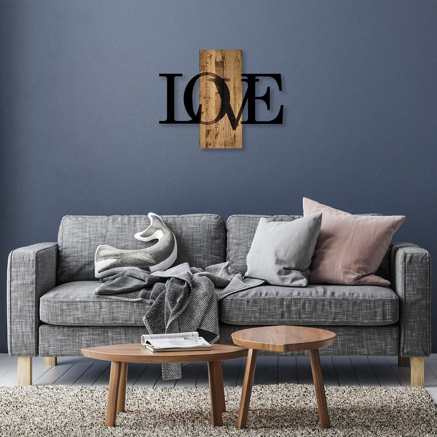 Love Yazısı Modern Metal Ahşap Duvar Panosu - Ahşap Siyah
