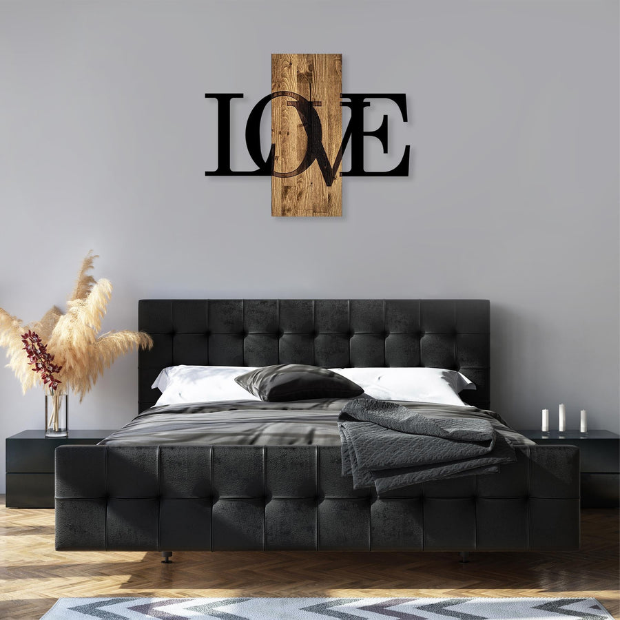 Love Yazısı Modern Metal Ahşap Duvar Panosu - Ahşap Siyah