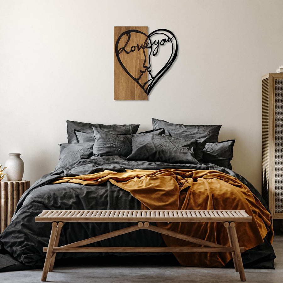 Love You Yüz Metal Ahşap Duvar Panosu - Siyah