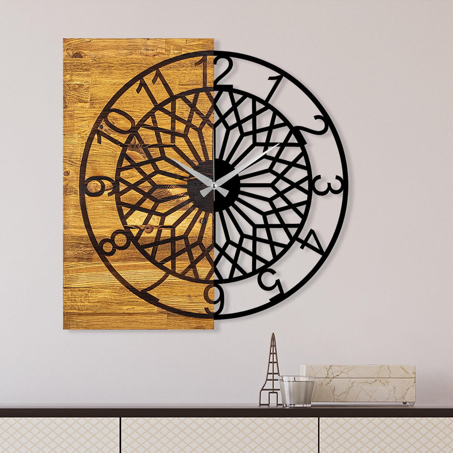 Ağ Desenli Modern Metal Ahşap Duvar Saati - Siyah