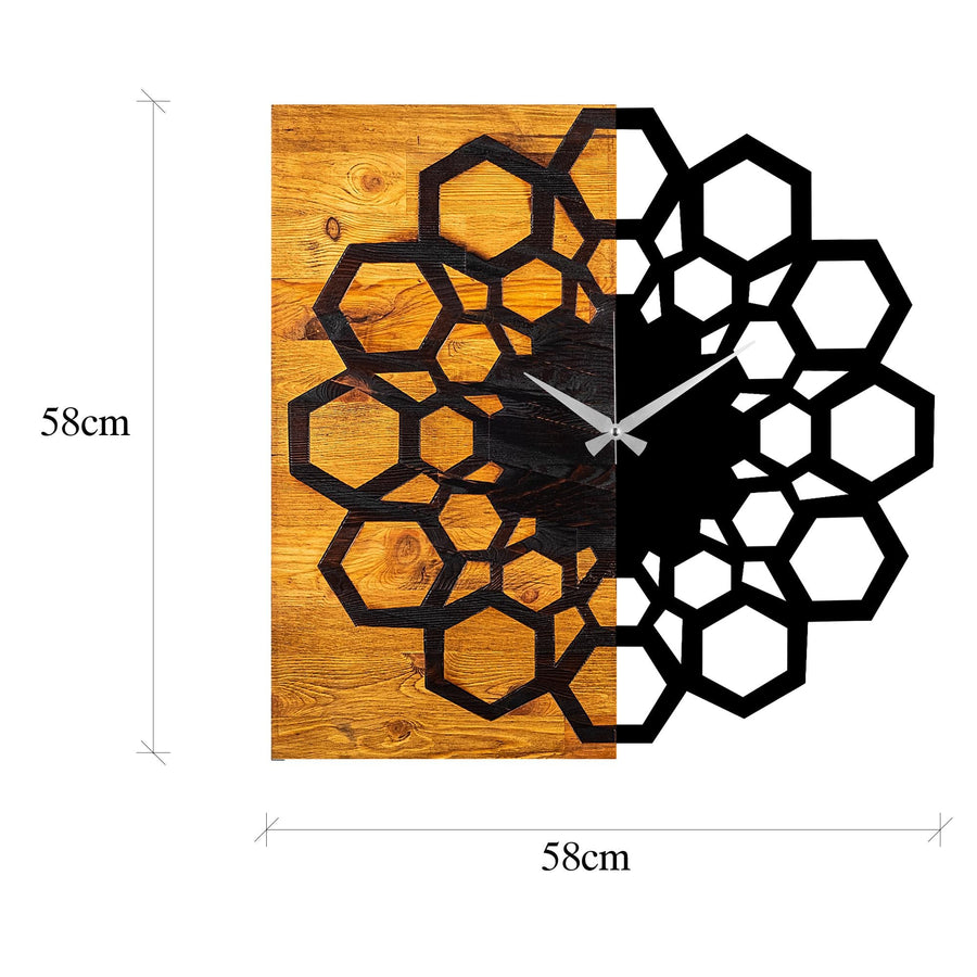 Petek Geometrik Ahşap Metal Duvar Saati - Kahve