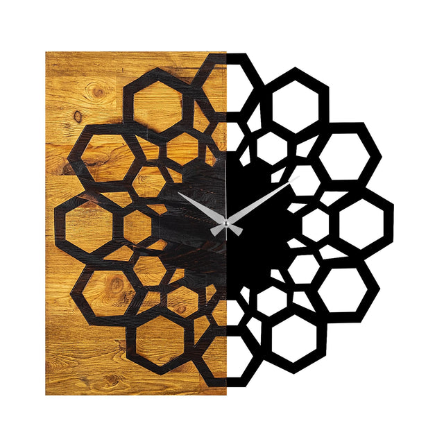 Petek Geometrik Ahşap Metal Duvar Saati - Kahve
