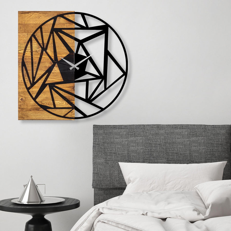 Kırık Cam Geometrik Ahşap Metal Duvar Saati - Kahve