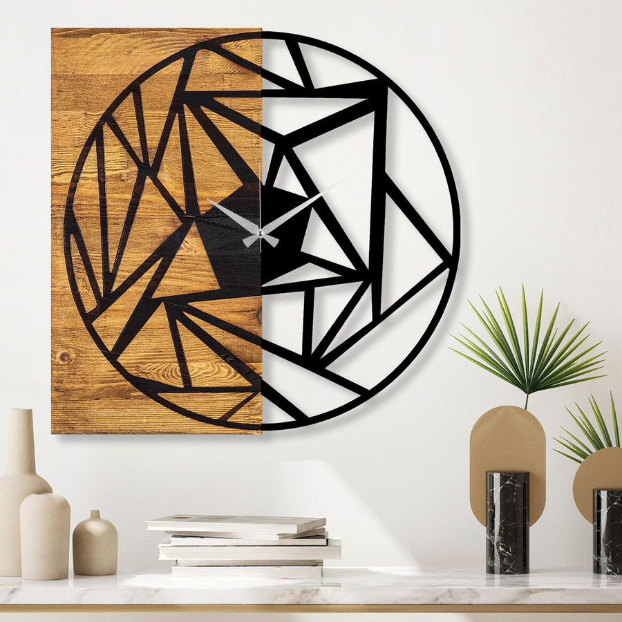 Kırık Cam Geometrik Ahşap Metal Duvar Saati - Kahve